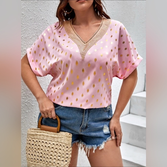 Guipure Lace, Gold Metallic Print, Soft Pink Blouse - Picture 10 of 13